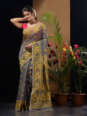 Grey And Yellow Handwoven Silk Cotton Jamdani Saree With Woven Designs 2