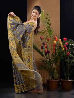 Grey And Yellow Handwoven Silk Cotton Jamdani Saree With Woven Designs 3