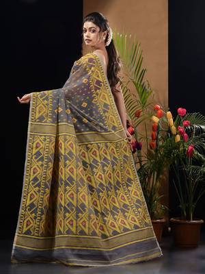 Grey And Yellow Handwoven Silk Cotton Jamdani Saree With Woven Designs 4