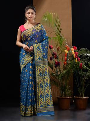 Sapphire Blue And Red Handwoven Silk Cotton Jamdani Saree With Woven Designs Without Blouse 1