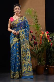 Sapphire Blue And Red Handwoven Silk Cotton Jamdani Saree With Woven Designs Without Blouse