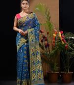 Sapphire Blue And Red Handwoven Silk Cotton Jamdani Saree With Woven Designs Without Blouse