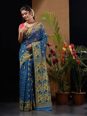 Sapphire Blue And Red Handwoven Silk Cotton Jamdani Saree With Woven Designs Without Blouse 2