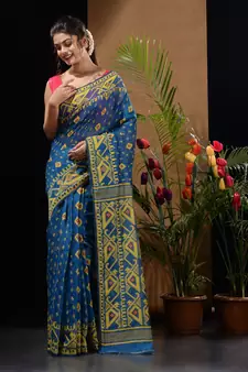 Sapphire Blue And Red Handwoven Silk Cotton Jamdani Saree With Woven Designs Without Blouse