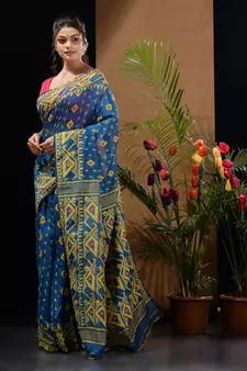 Sapphire Blue And Red Handwoven Silk Cotton Jamdani Saree With Woven Designs Without Blouse
