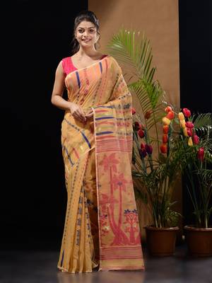 Ochre Yellow Silk Cotton Handwoven Jamdani Saree With Woven Designs And Zari Work Without Blouse 1
