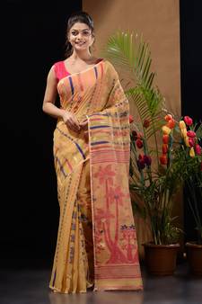 Ochre Yellow Silk Cotton Handwoven Jamdani Saree With Woven Designs And Zari Work Without Blouse