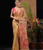 Ochre Yellow Silk Cotton Handwoven Jamdani Saree With Woven Designs And Zari Work Without Blouse