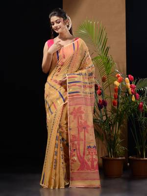 Ochre Yellow Silk Cotton Handwoven Jamdani Saree With Woven Designs And Zari Work Without Blouse 2