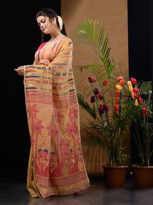 Ochre Yellow Silk Cotton Handwoven Jamdani Saree With Woven Designs And Zari Work Without Blouse 3