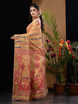 Ochre Yellow Silk Cotton Handwoven Jamdani Saree With Woven Designs And Zari Work Without Blouse 4