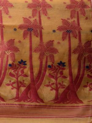 Ochre Yellow Silk Cotton Handwoven Jamdani Saree With Woven Designs And Zari Work Without Blouse 5