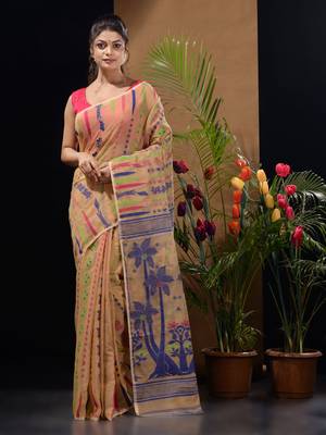 Beige Silk Cotton Handwoven Jamdani Saree With Woven Designs Without Blouse 1