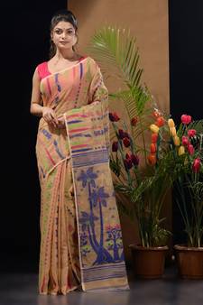 Beige Silk Cotton Handwoven Jamdani Saree With Woven Designs Without Blouse