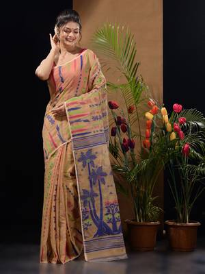 Beige Silk Cotton Handwoven Jamdani Saree With Woven Designs Without Blouse 2