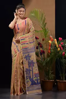 Beige Silk Cotton Handwoven Jamdani Saree With Woven Designs Without Blouse