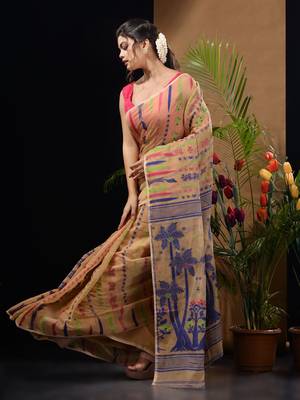 Beige Silk Cotton Handwoven Jamdani Saree With Woven Designs Without Blouse 3
