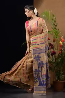 Beige Silk Cotton Handwoven Jamdani Saree With Woven Designs Without Blouse