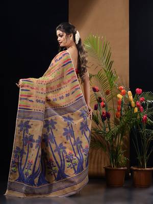 Beige Silk Cotton Handwoven Jamdani Saree With Woven Designs Without Blouse 4