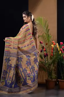 Beige Silk Cotton Handwoven Jamdani Saree With Woven Designs Without Blouse