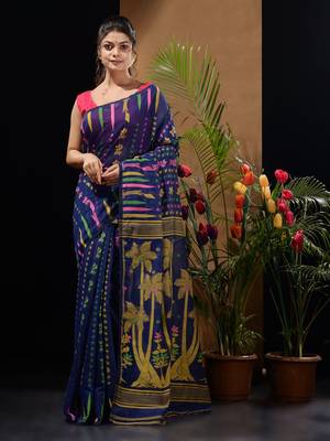 Blue Silk Cotton Handwoven Jamdani Saree With Woven Designs Without Blouse 1