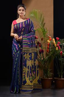 Blue Silk Cotton Handwoven Jamdani Saree With Woven Designs Without Blouse