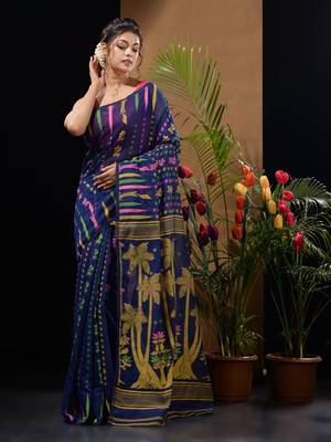 Blue Silk Cotton Handwoven Jamdani Saree With Woven Designs Without Blouse 2