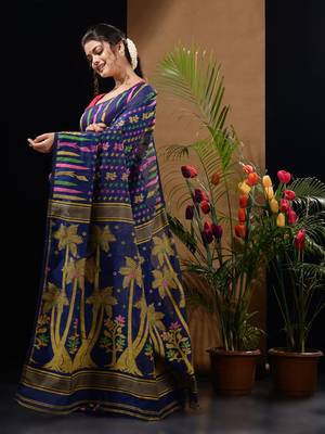 Blue Silk Cotton Handwoven Jamdani Saree With Woven Designs Without Blouse 3