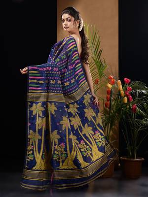 Blue Silk Cotton Handwoven Jamdani Saree With Woven Designs Without Blouse 4