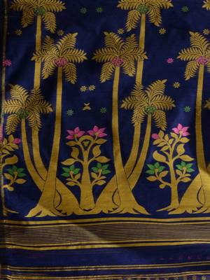Blue Silk Cotton Handwoven Jamdani Saree With Woven Designs Without Blouse 5