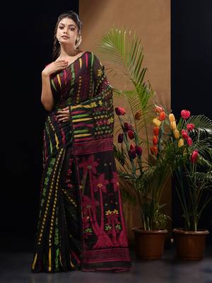 Black Silk Cotton Handwoven Jamdani Saree With Woven Designs Without Blouse 1