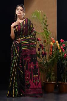 Black Silk Cotton Handwoven Jamdani Saree With Woven Designs Without Blouse
