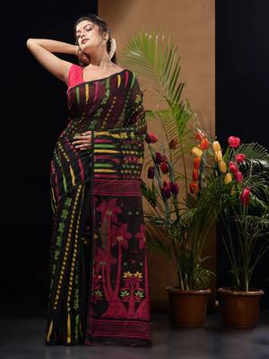 Black Silk Cotton Handwoven Jamdani Saree With Woven Designs Without Blouse 2