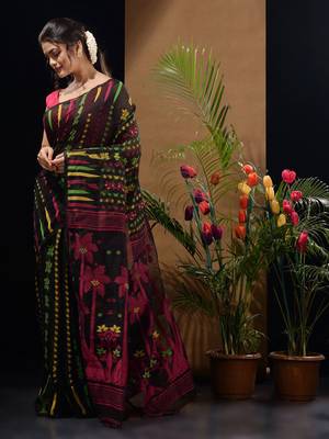 Black Silk Cotton Handwoven Jamdani Saree With Woven Designs Without Blouse 3