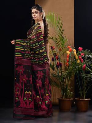 Black Silk Cotton Handwoven Jamdani Saree With Woven Designs Without Blouse 4