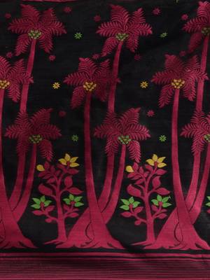 Black Silk Cotton Handwoven Jamdani Saree With Woven Designs Without Blouse 5