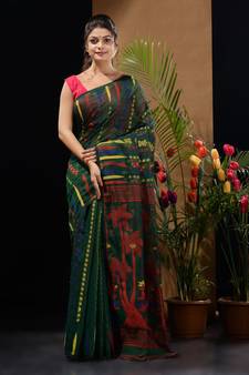 Emerald Green Silk Cotton Handwoven Jamdani Saree With Woven Designs Without Blouse