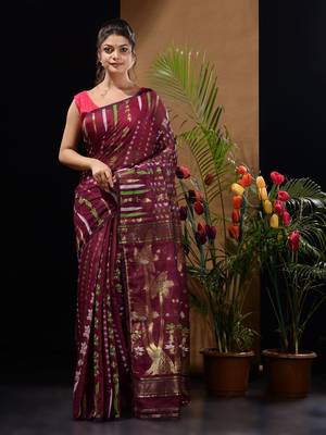 Magenta Green Silk Cotton Handwoven Jamdani Saree With Woven Designs And Zari Work Without Blouse 1