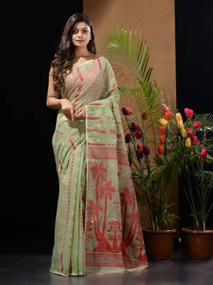 Sage Green Silk Cotton Handwoven Jamdani Saree With Woven Designs And Zari Work Without Blouse 1