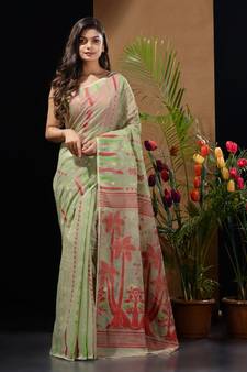 Sage Green Silk Cotton Handwoven Jamdani Saree With Woven Designs And Zari Work Without Blouse