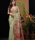 Sage Green Silk Cotton Handwoven Jamdani Saree With Woven Designs And Zari Work Without Blouse