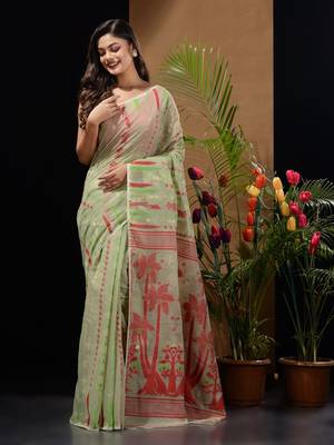 Sage Green Silk Cotton Handwoven Jamdani Saree With Woven Designs And Zari Work Without Blouse 2