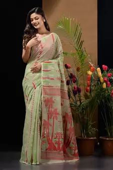 Sage Green Silk Cotton Handwoven Jamdani Saree With Woven Designs And Zari Work Without Blouse