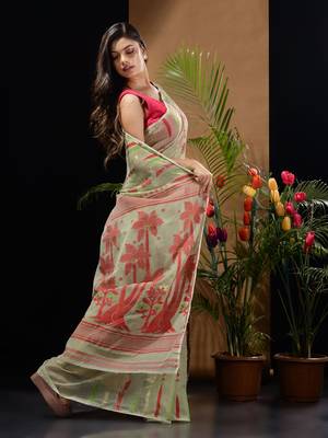 Sage Green Silk Cotton Handwoven Jamdani Saree With Woven Designs And Zari Work Without Blouse 3
