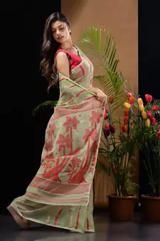 Sage Green Silk Cotton Handwoven Jamdani Saree With Woven Designs And Zari Work Without Blouse