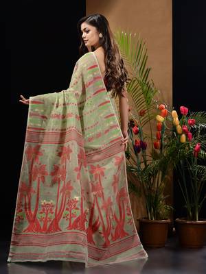 Sage Green Silk Cotton Handwoven Jamdani Saree With Woven Designs And Zari Work Without Blouse 4