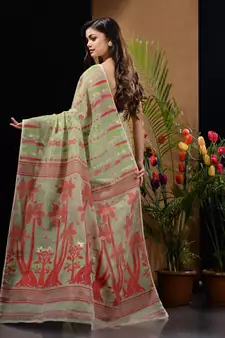 Sage Green Silk Cotton Handwoven Jamdani Saree With Woven Designs And Zari Work Without Blouse