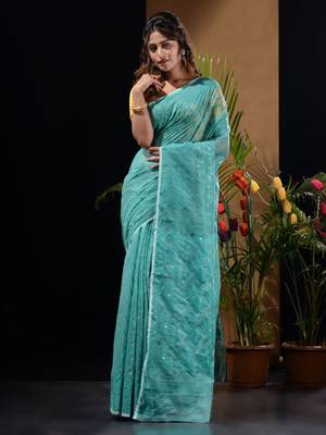 Sky Blue Silk Cotton Handwoven Jamdani Saree With Woven Chevron Designs Without Blouse 1