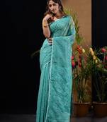 Sky Blue Silk Cotton Handwoven Jamdani Saree With Woven Chevron Designs Without Blouse