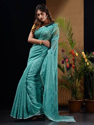 Sky Blue Silk Cotton Handwoven Jamdani Saree With Woven Chevron Designs Without Blouse 3